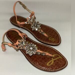 Sam Edelman Grayson T-Strap Rhinestone Peach Coral Leather Sandals Women's 9